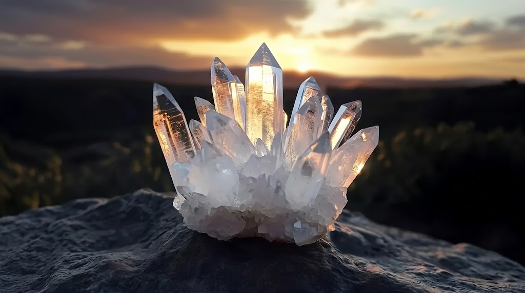 Natural clear quartz crystal cluster glowing in warm sunrise light