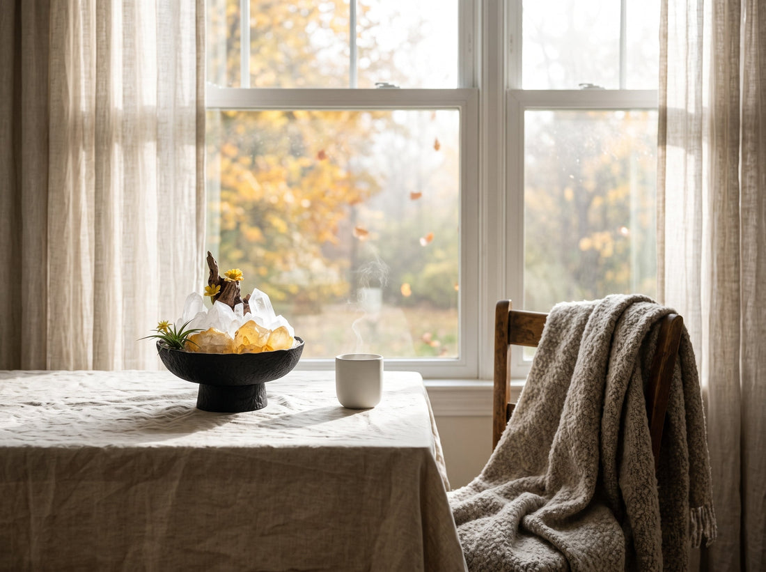 clear quartz crystal bonsai on a windowsill with autumn leaves outside