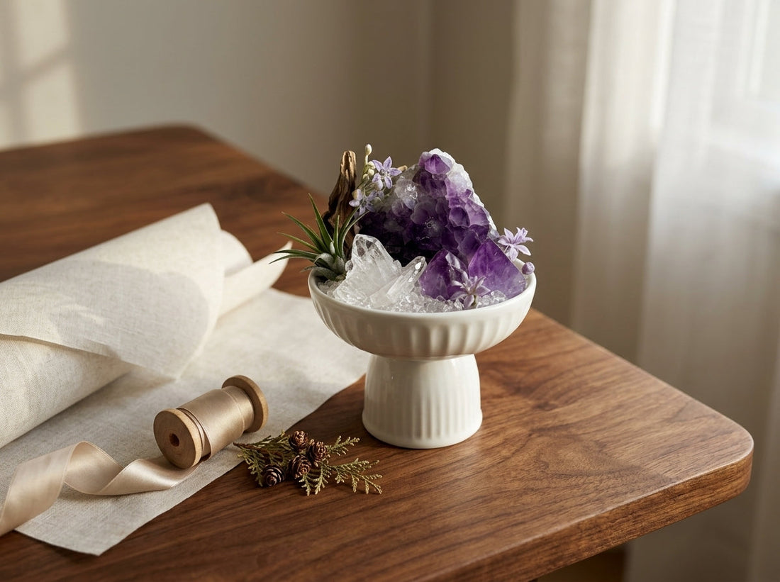 crystal bonsai gift guide — holiday wrapped crystal planter on a warm wooden table