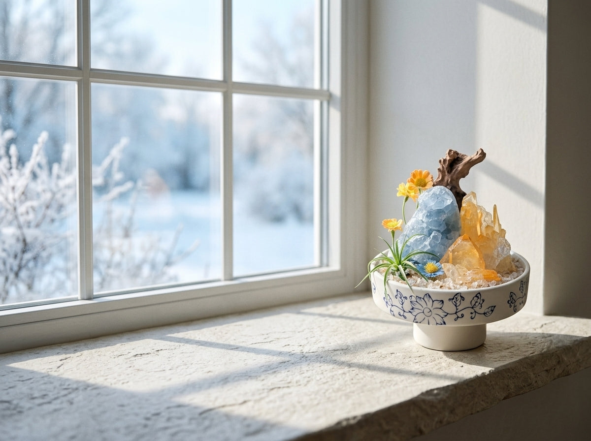 celestite crystal bonsai on a windowsill with winter light and soft blue tones