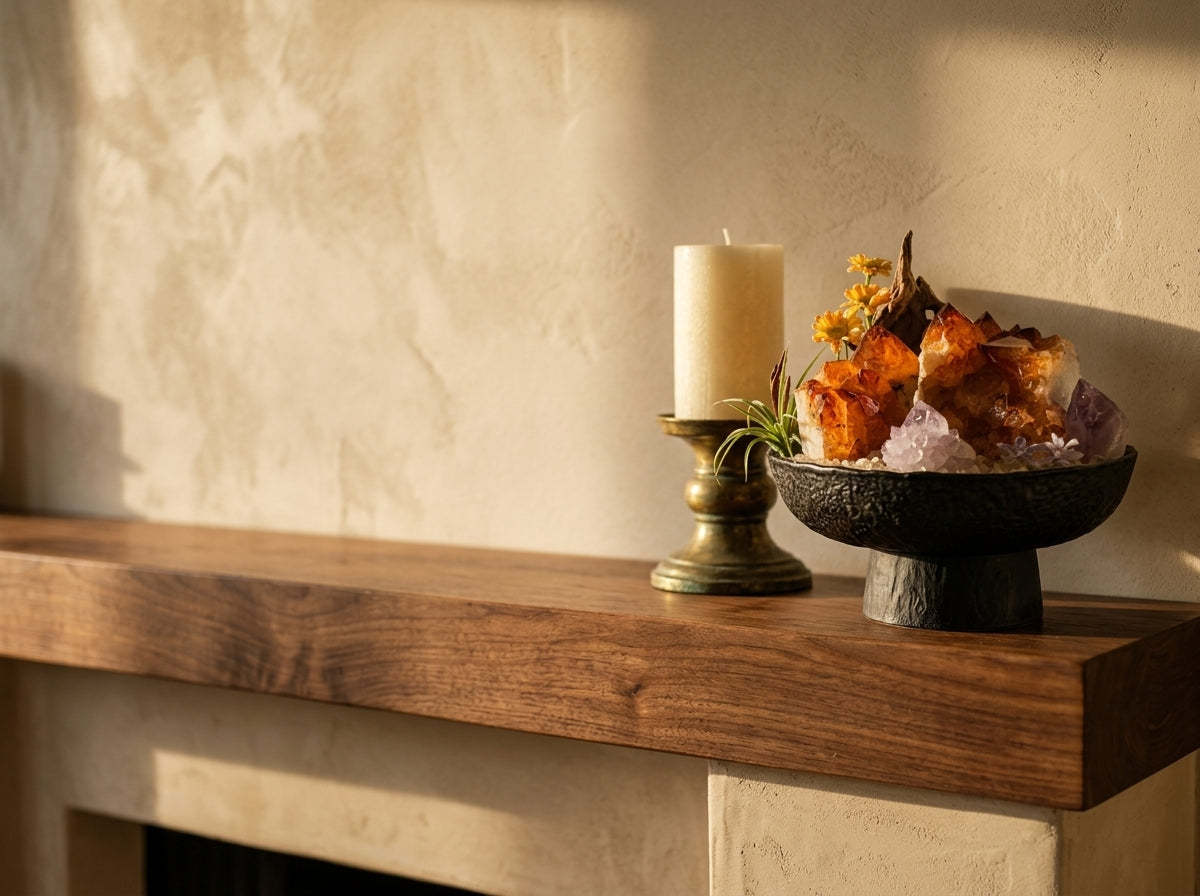 caramel citrine crystal bonsai on a walnut mantelpiece in golden hour light