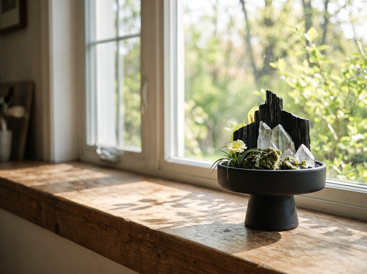 green phantom quartz crystal bonsai on a windowsill with spring light outside