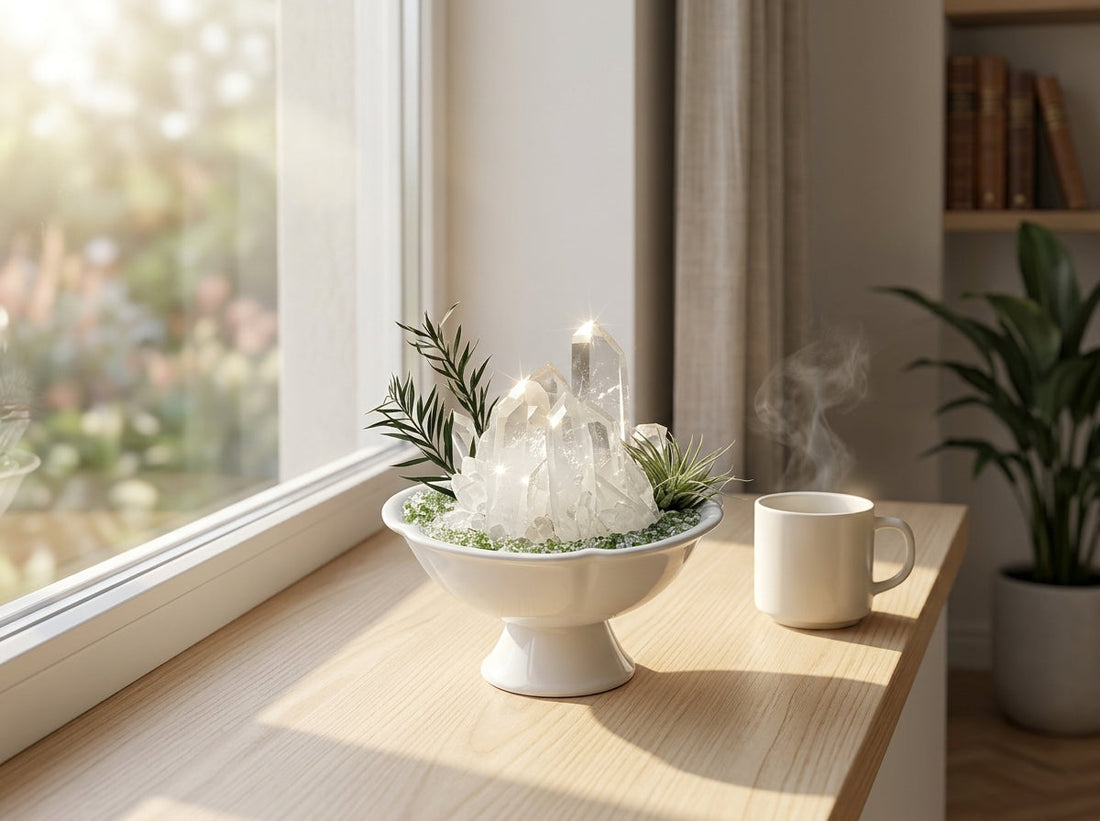 morning and evening crystal rituals — crystal bonsai on a sunny windowsill for a grounded day