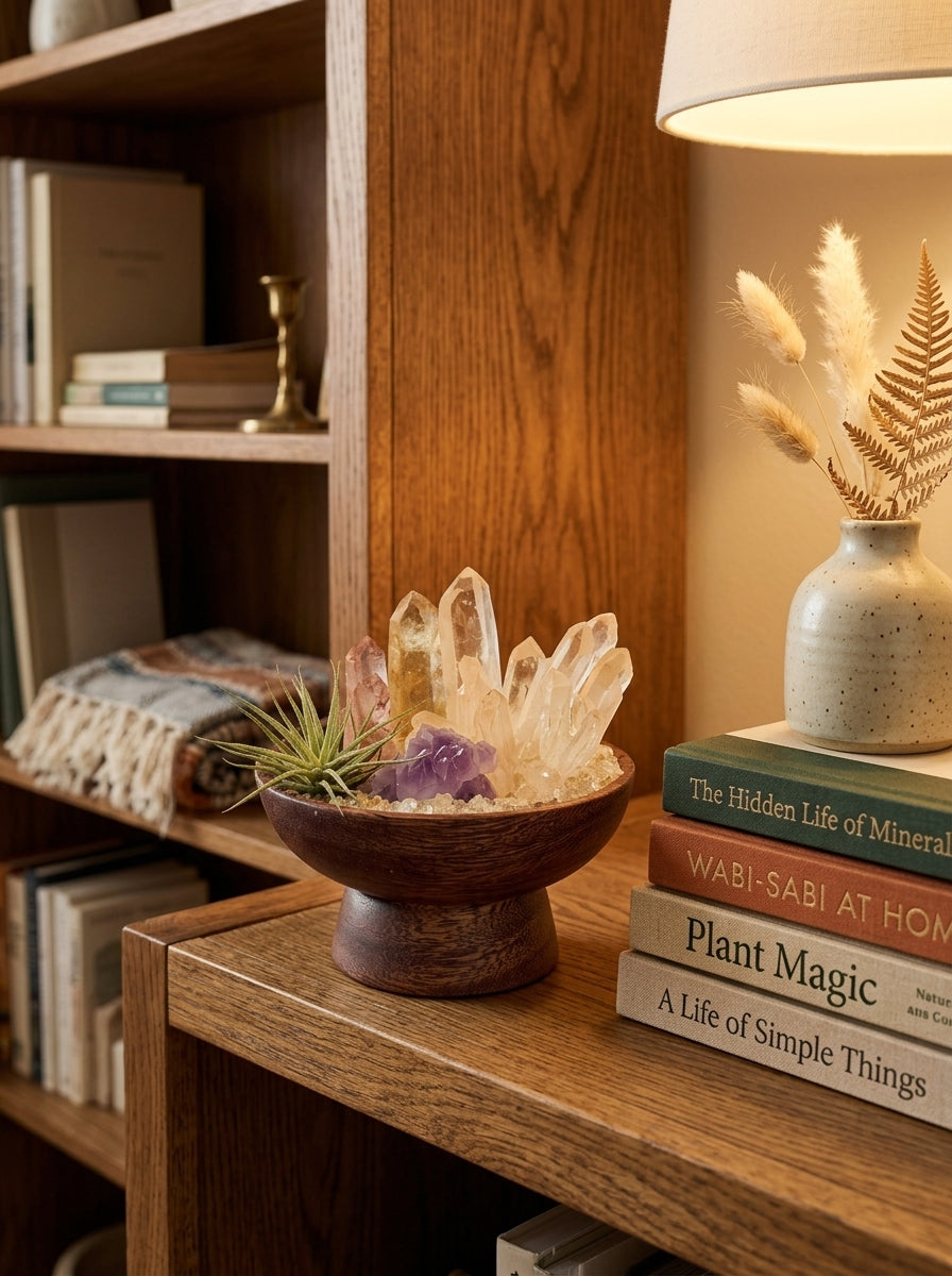 Caelum Oro: Handcrafted luxury raw crystal and botanical centerpiece with clear quartz, citrine, and air plant for home decor