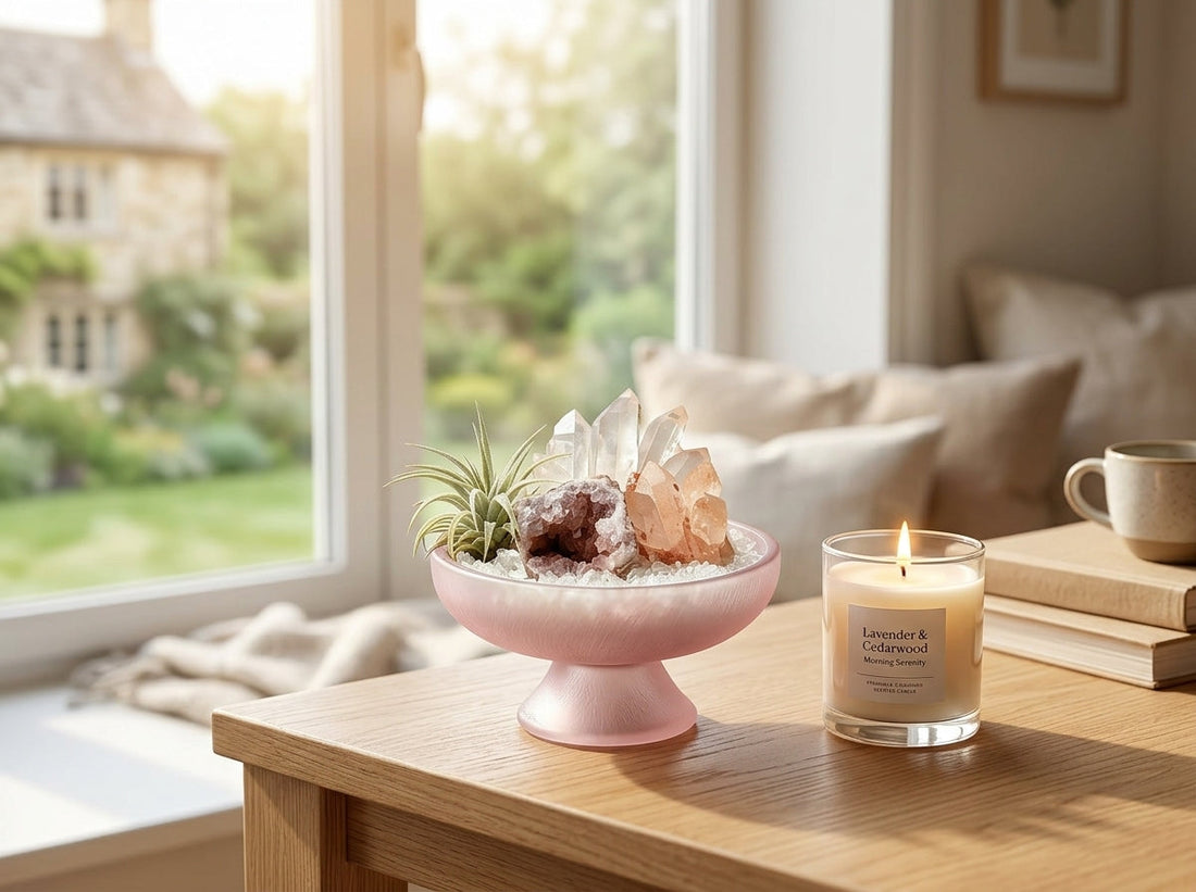 Caelum Oro pink glass crystal garden bonsai bowl on a cozy desk for burnout relief