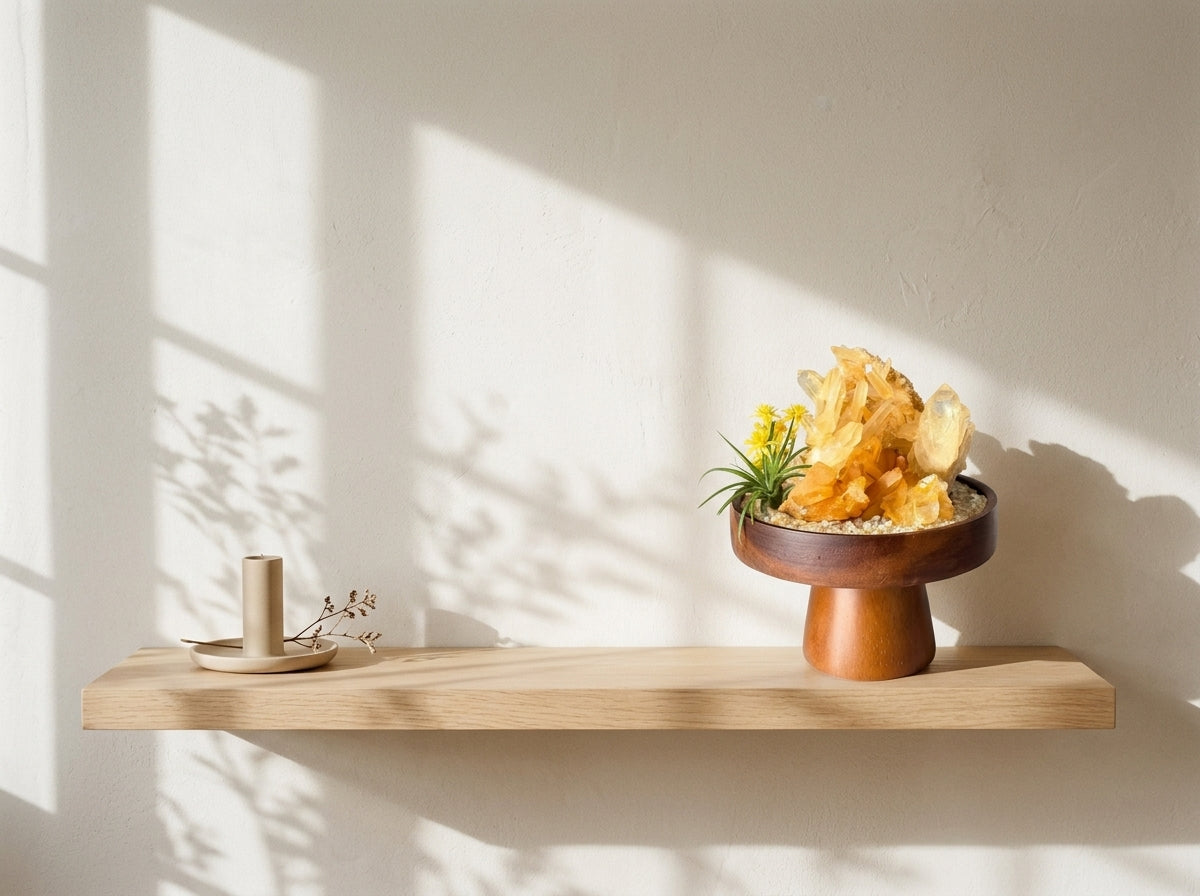 golden citrine crystal garden on a pale oak shelf in soft morning light