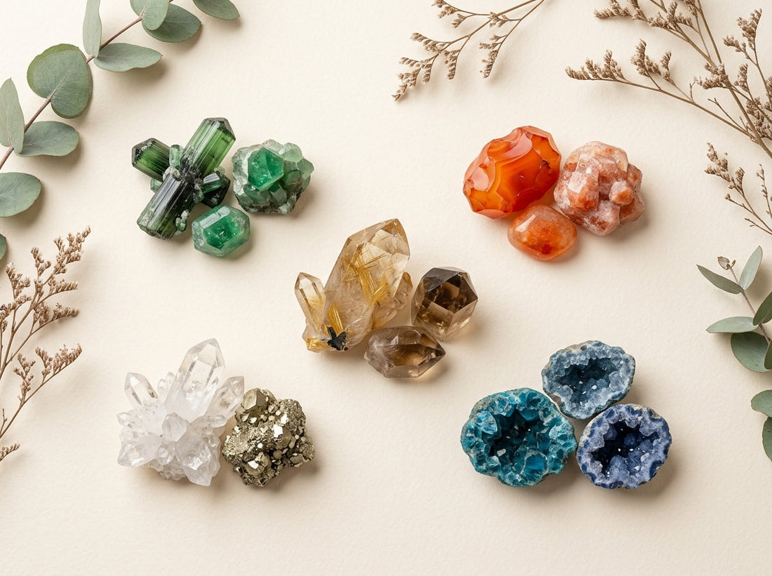 aesthetic flat lay of five elements gem and mineral crystal clusters arranged for home decor and spiritual balance