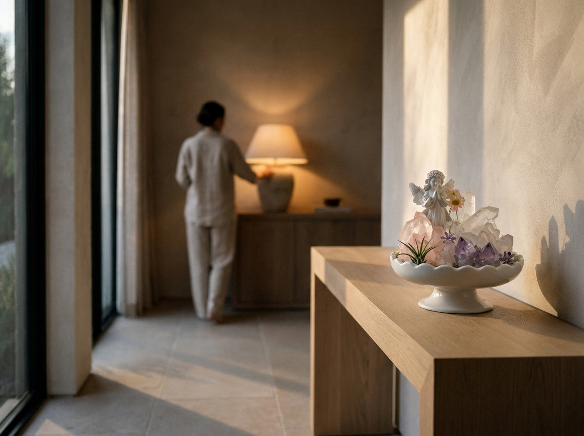 rose quartz crystal garden on a pale shelf in warm light