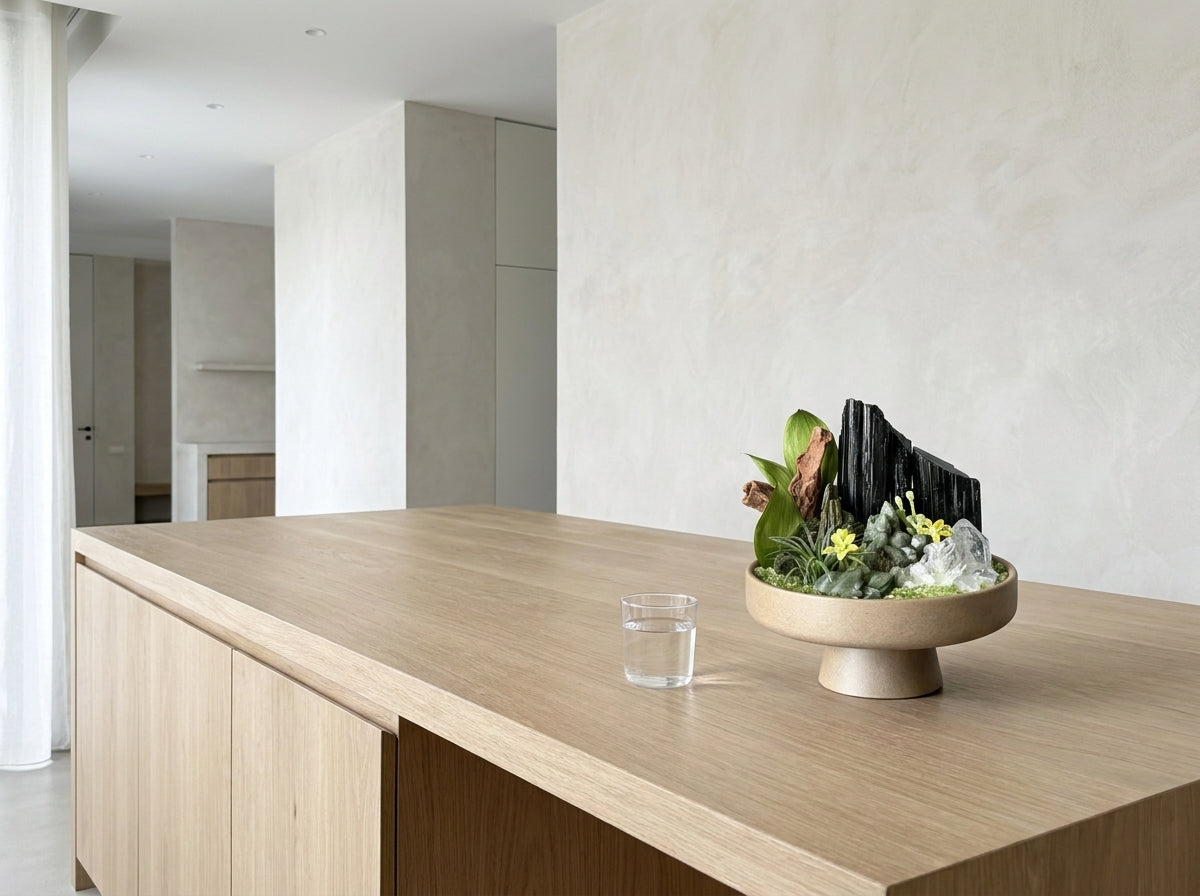 clear quartz garden on a pale oak kitchen island in morning light