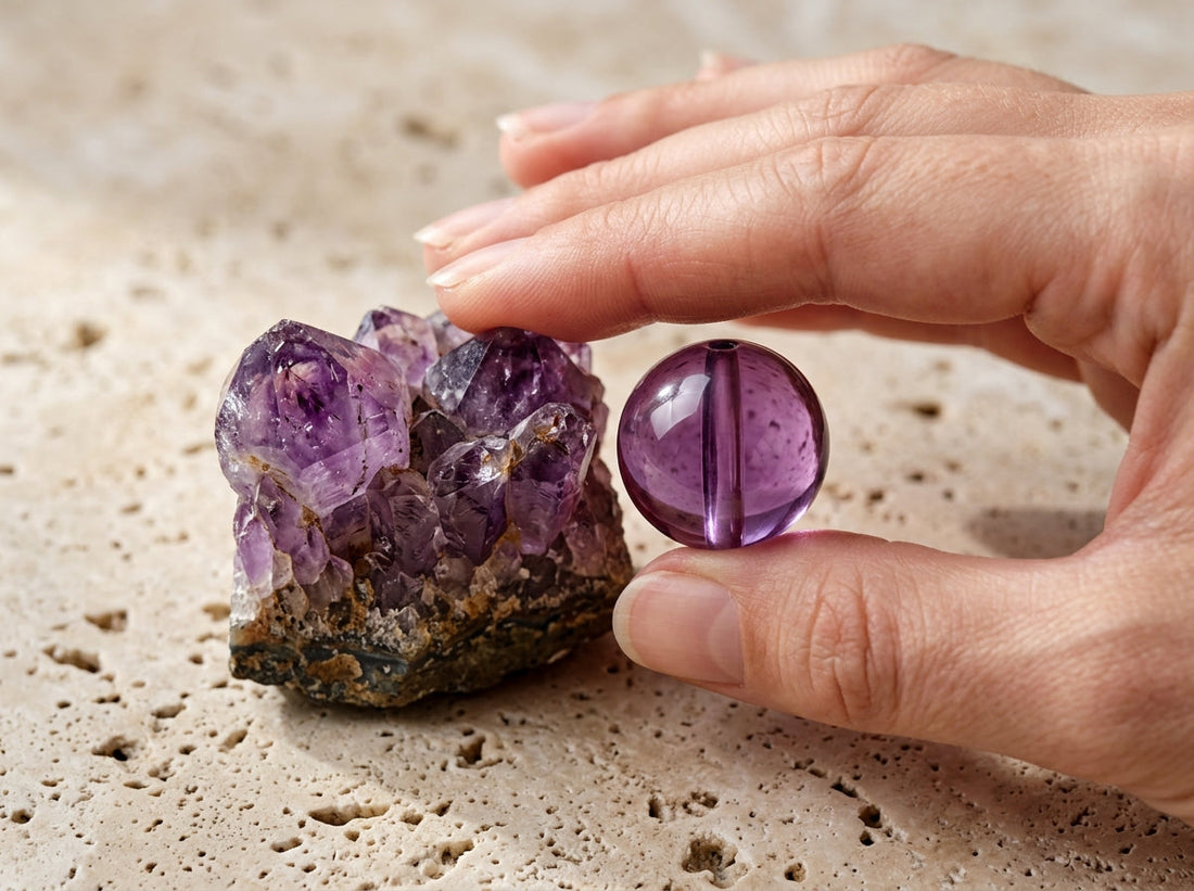 how to tell if a crystal is real — comparing a genuine amethyst cluster with a glass imitation