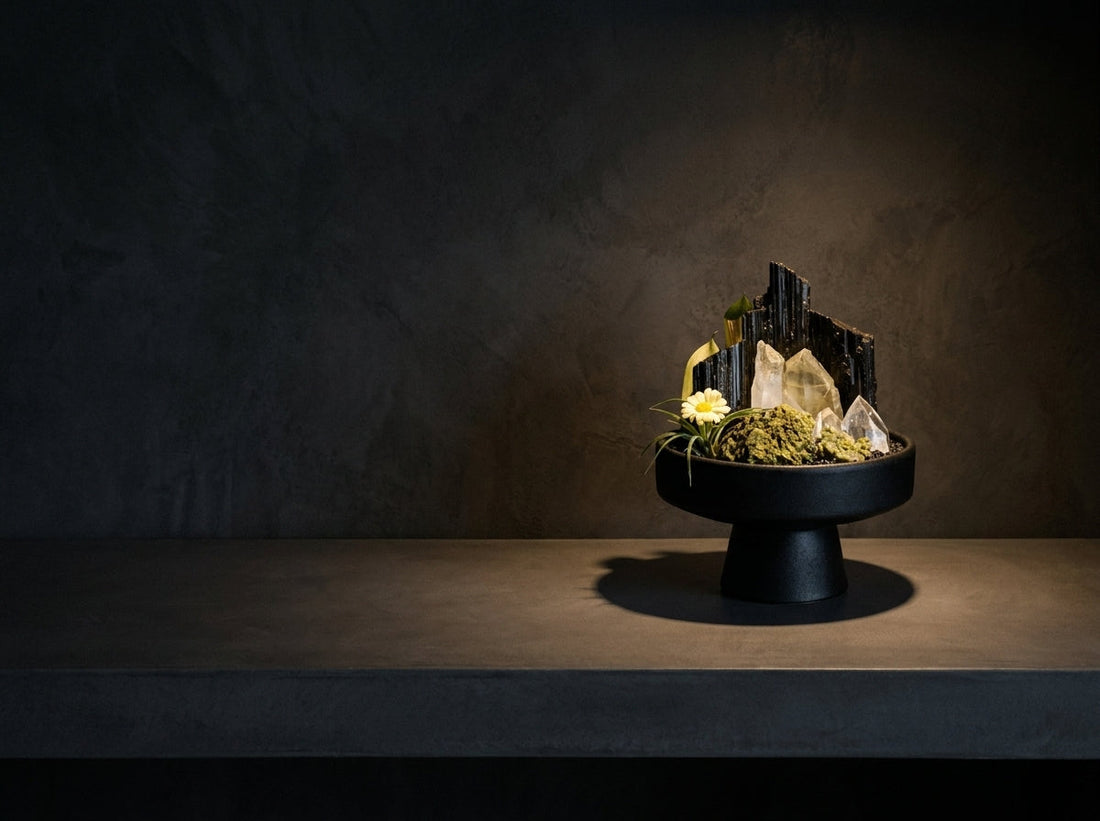 black tourmaline garden on a dark grey concrete surface in low light