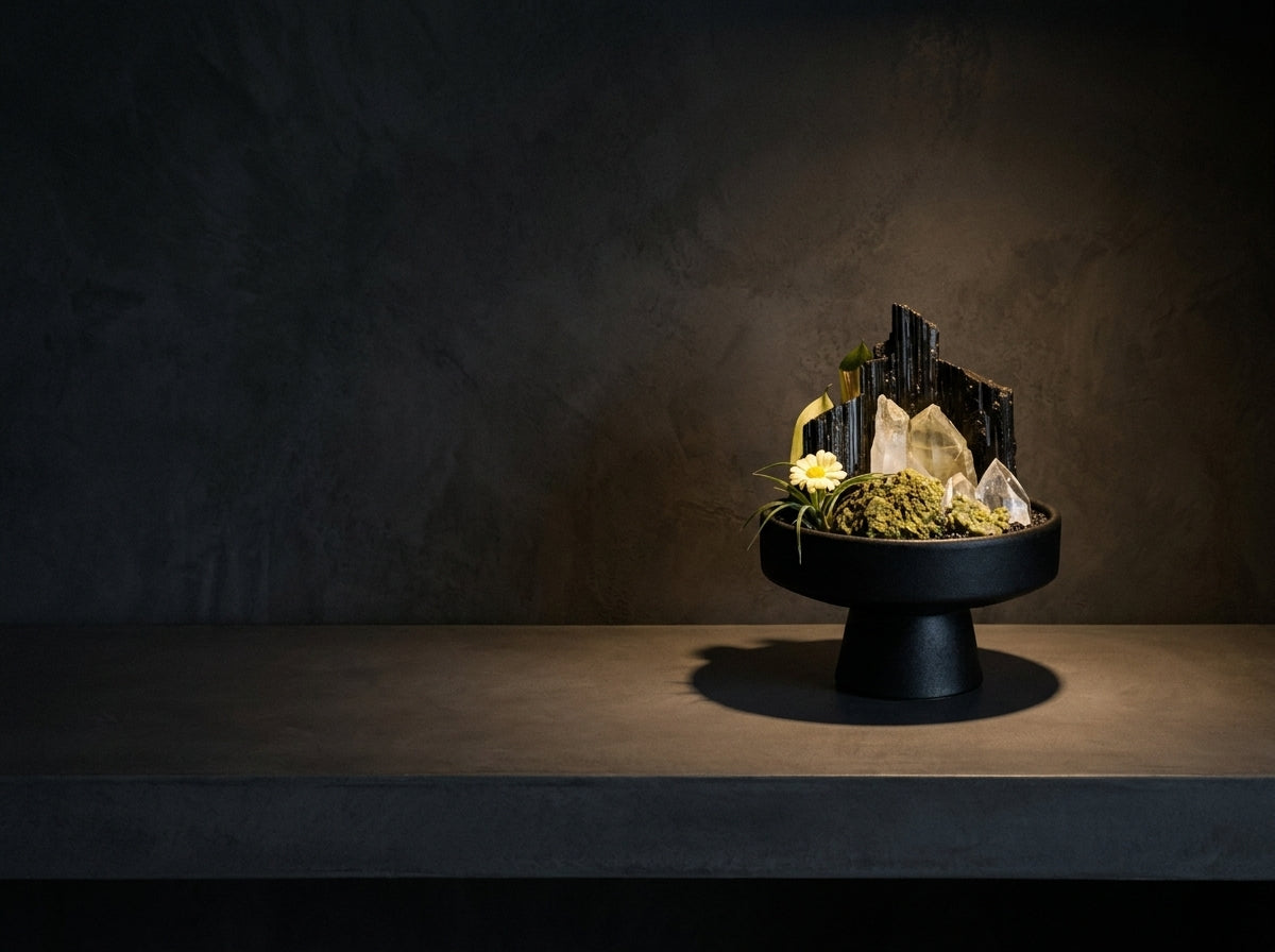 black tourmaline garden on a dark grey concrete surface in low light