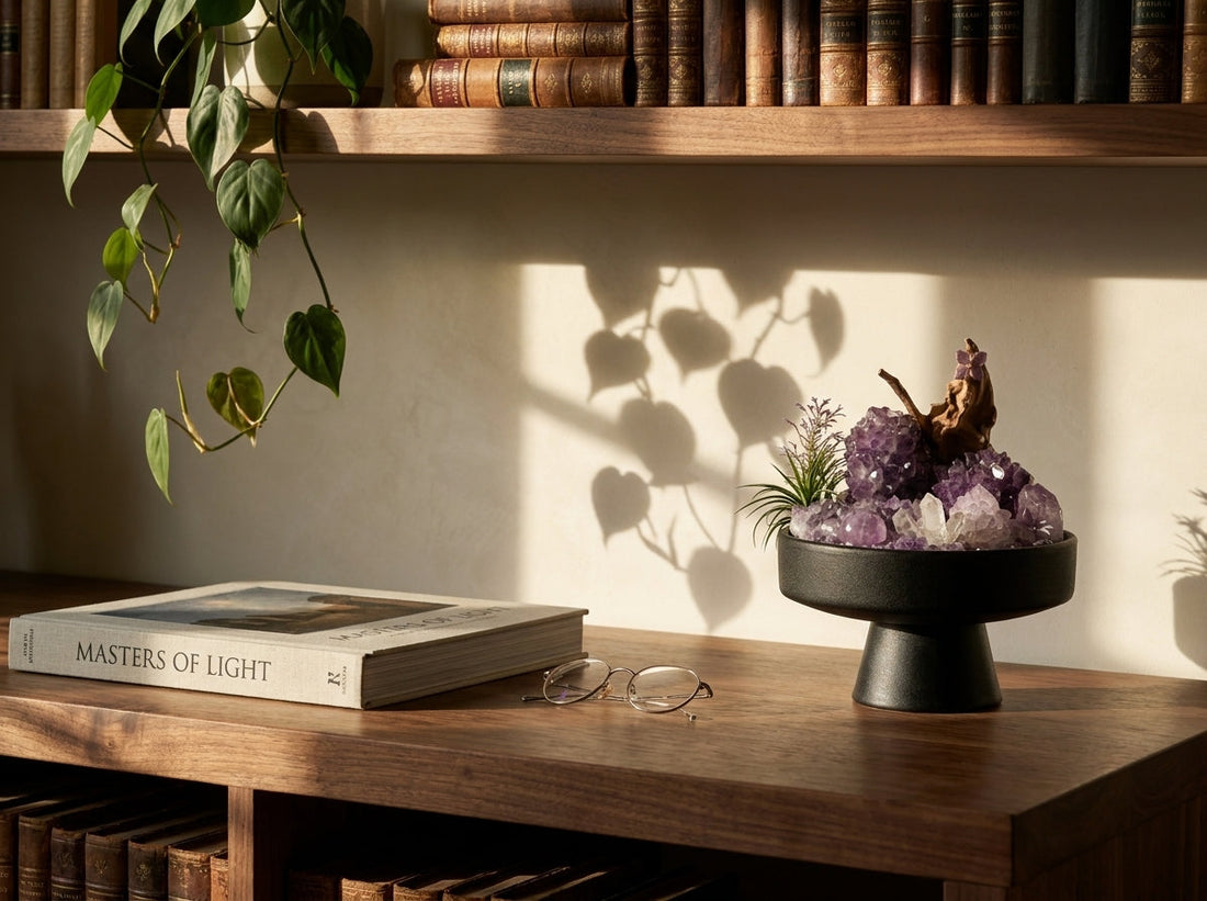 amethyst crystal garden on a walnut bookcase in afternoon light