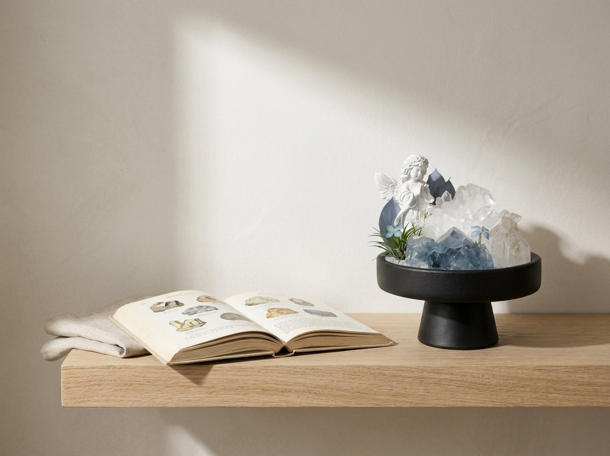 pale blue celestite crystal sanctuary on a dry pale oak shelf beside a folded linen cloth