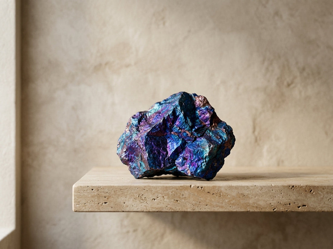 peacock ore display — raw bornite chunk on a home shelf with iridescent colors