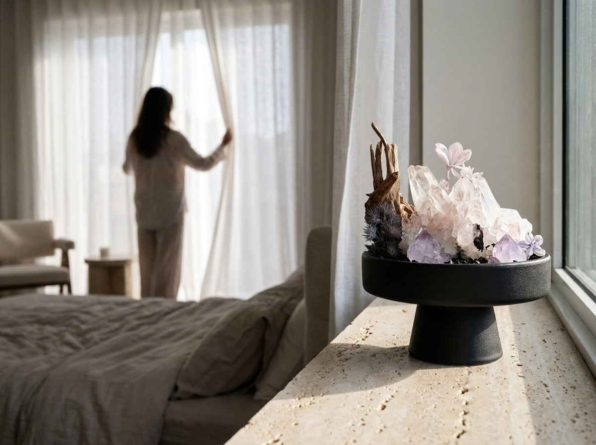pale rose quartz crystal garden on a bright windowsill in morning light