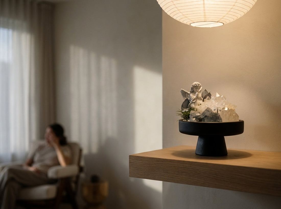 deep blue celestite crystal garden on a shaded shelf in soft evening light