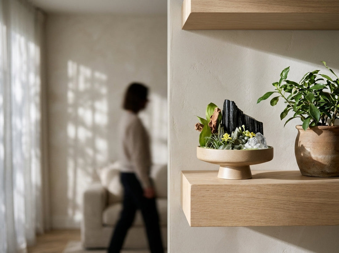 green phantom quartz crystal garden on a wooden shelf with a small plant