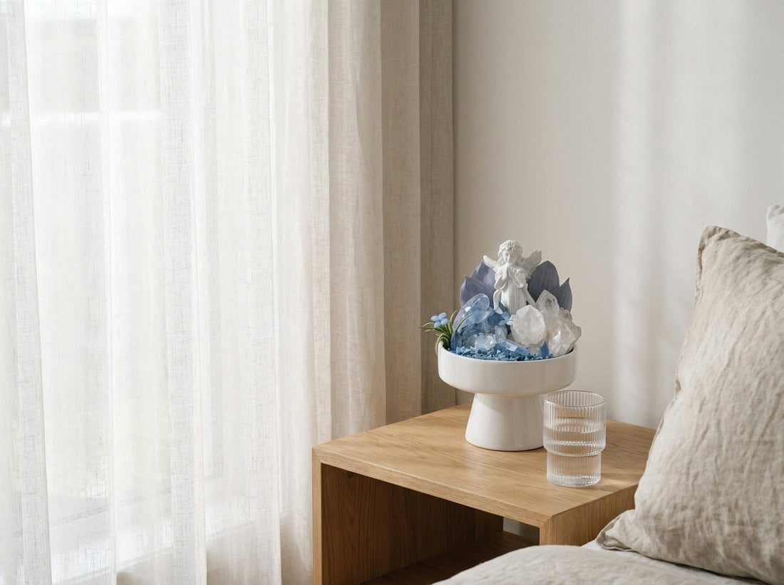 blue celestite crystal sanctuary on a bedside table in soft morning light with linen bedding