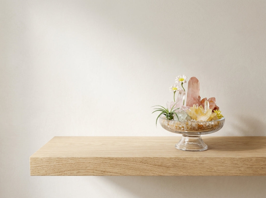 peach quartz crystal garden glowing on a pale shelf in soft morning light