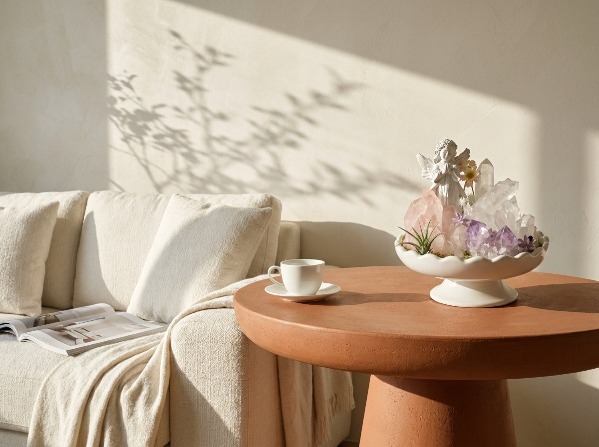rose quartz crystal garden on a terracotta side table by a linen sofa