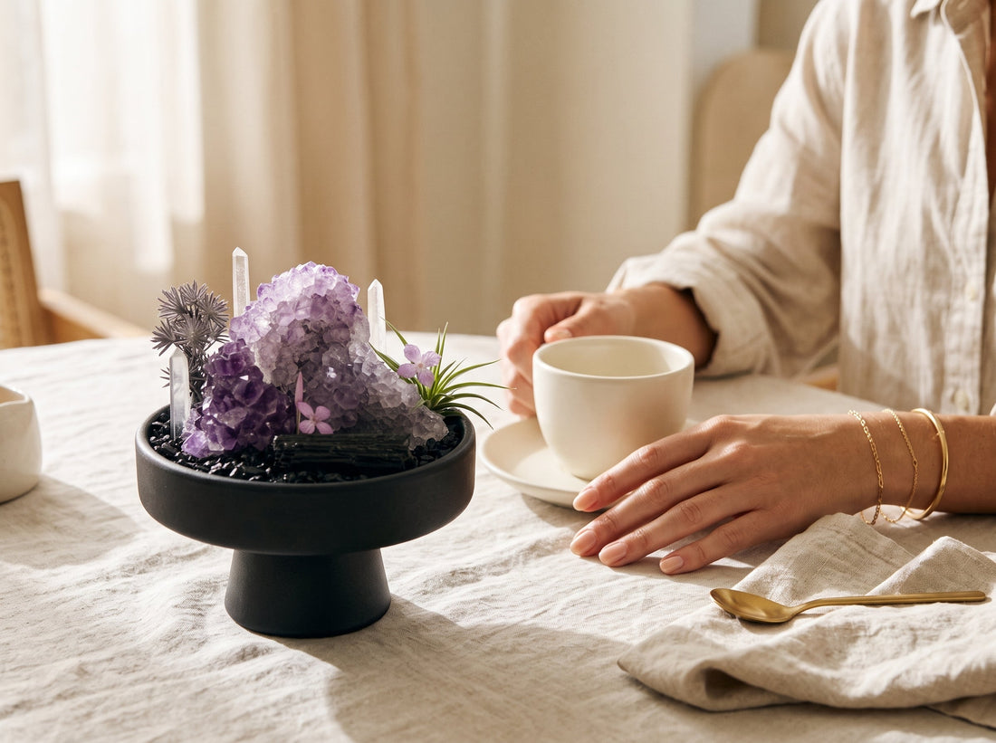 february birthstone amethyst crystal bonsai on linen