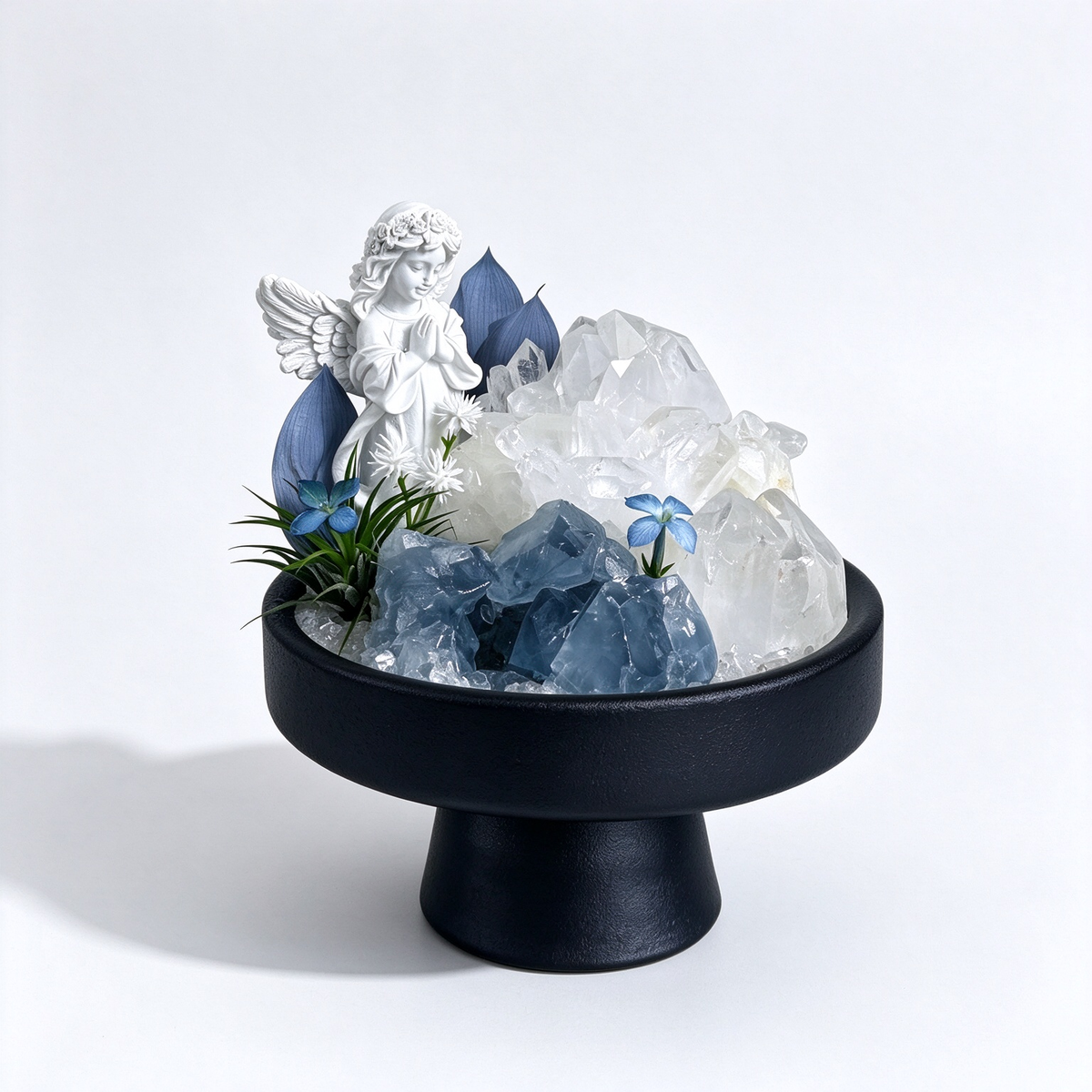 Anchor deep peace & send silent protection afar. This 1-of-1 Guardian sanctuary pairs clear quartz & celestite with a porcelain angel in black stoneware. Shop now.