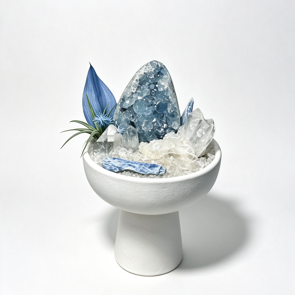 one-of-one crystal garden with celestite geode, clear quartz, blue kyanite, air plant; front view on pure white background.

