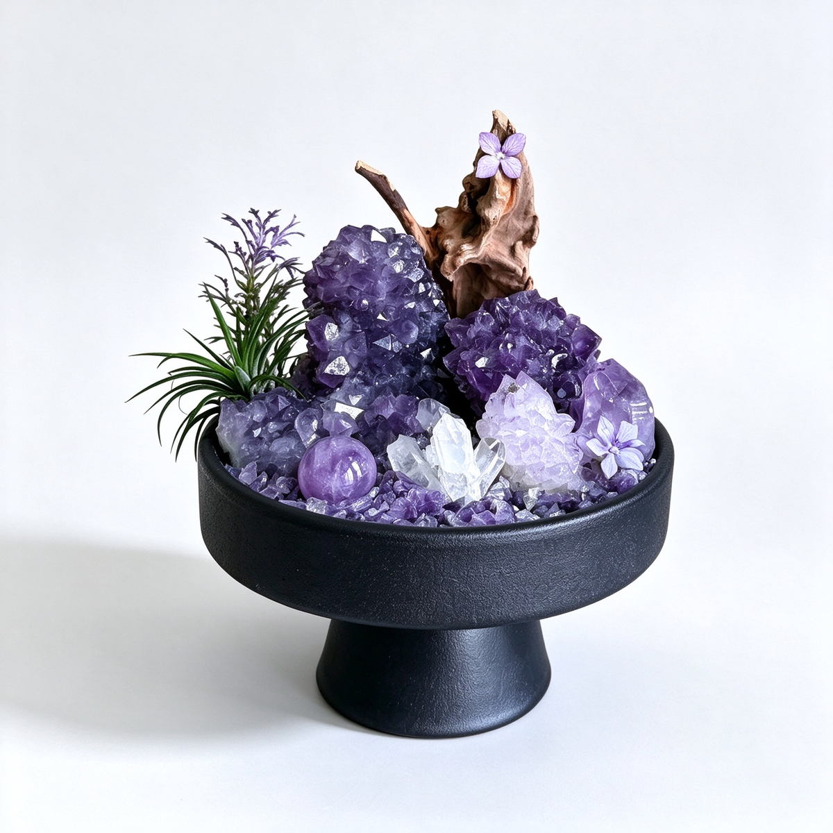 one-of-one crystal garden with bud amethyst clusters, amethyst sphere, clear quartz, air plant; front view on pure white background.
