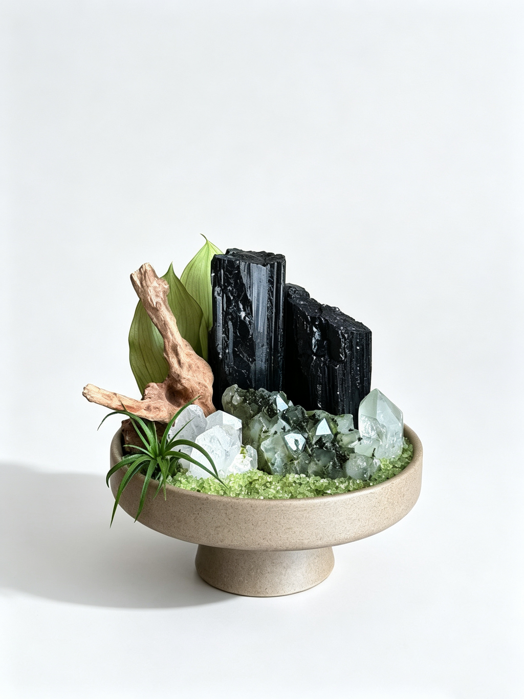 one-of-one crystal garden with black tourmaline, green phantom quartz, clear quartz, air plant; front view on pure white background.
