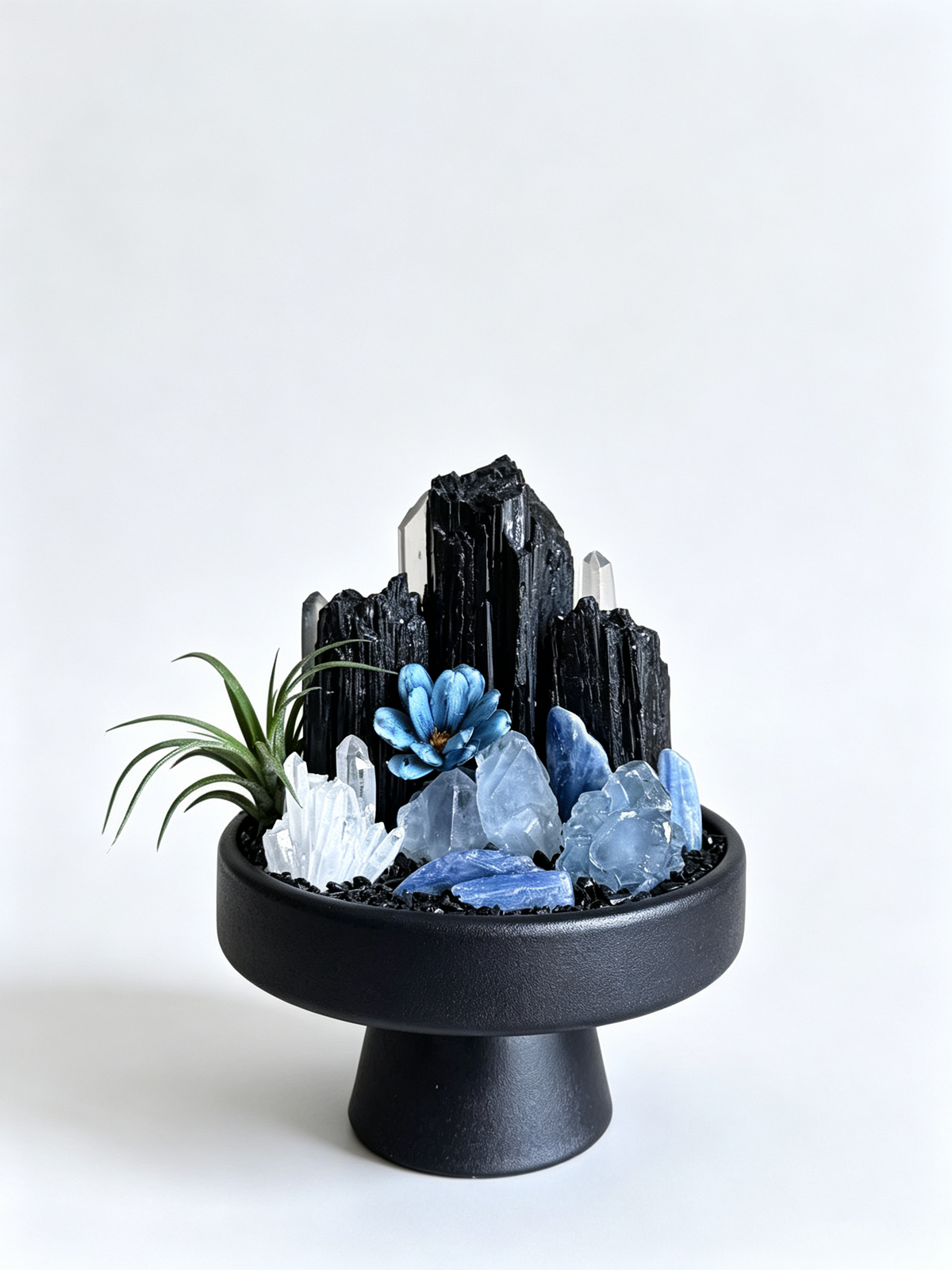 one-of-one crystal garden with black tourmaline, blue celestite, blue kyanite, clear quartz, air plant; front view on pure white background.
