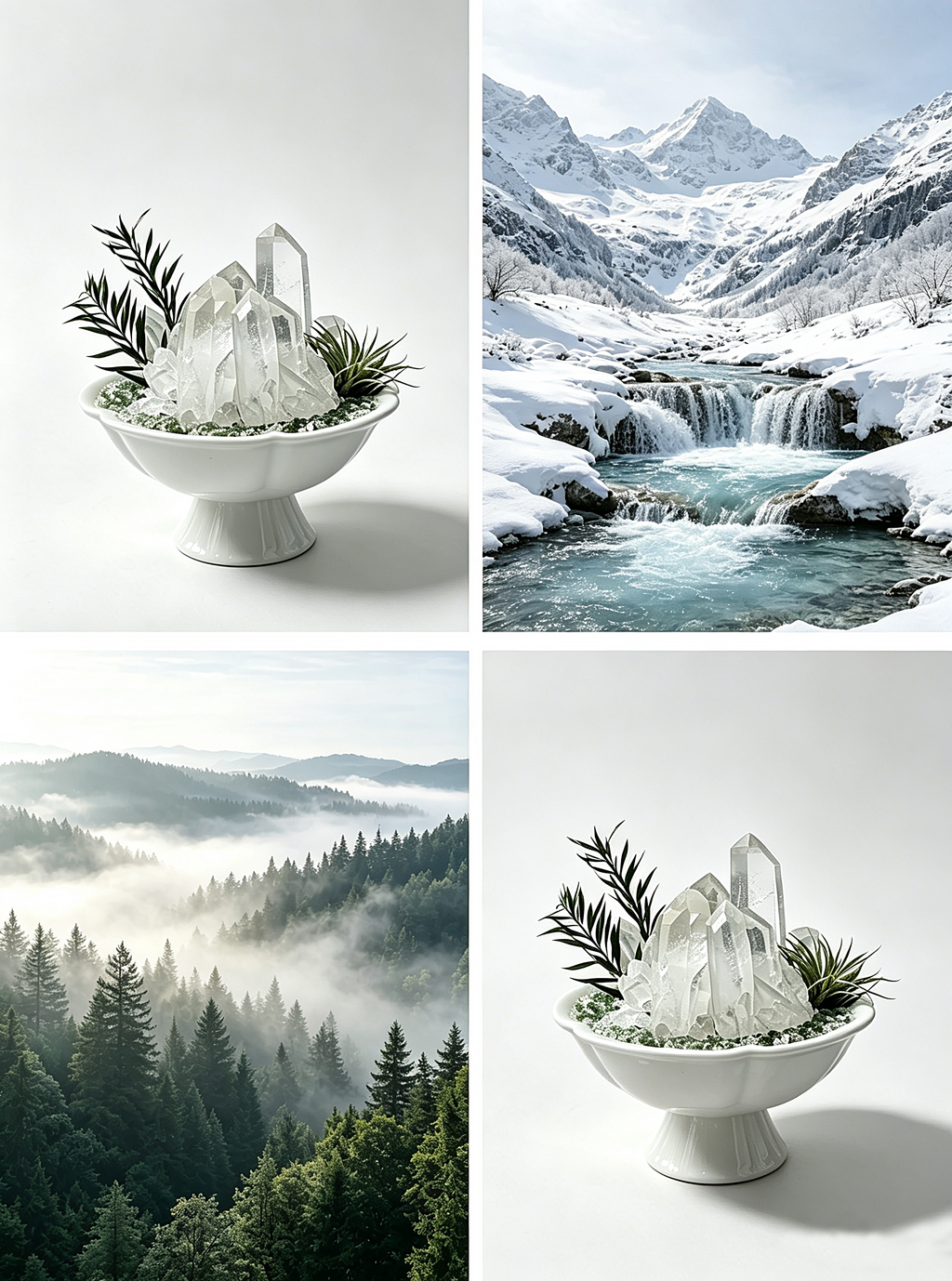 Aura Clarity clear quartz mineral aesthetic moodboard featuring snowy mountain peaks, glacial streams, and serene minimalist home decor