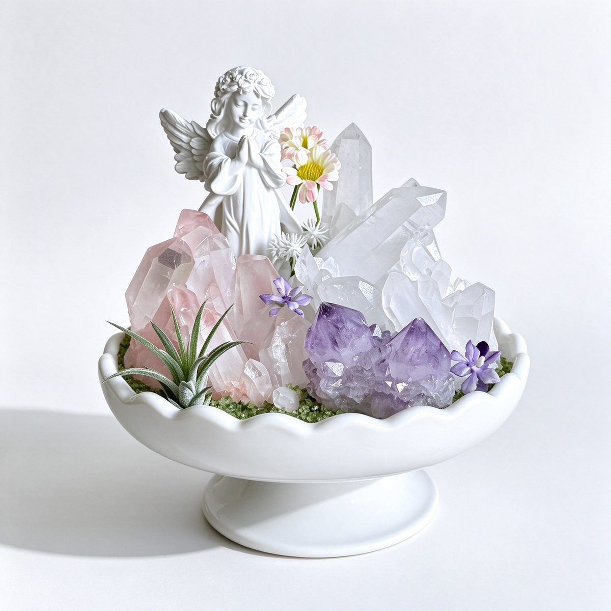 one-of-one crystal garden with porcelain angel, white quartz cluster, blue calcite, air plant; front view on pure white background.