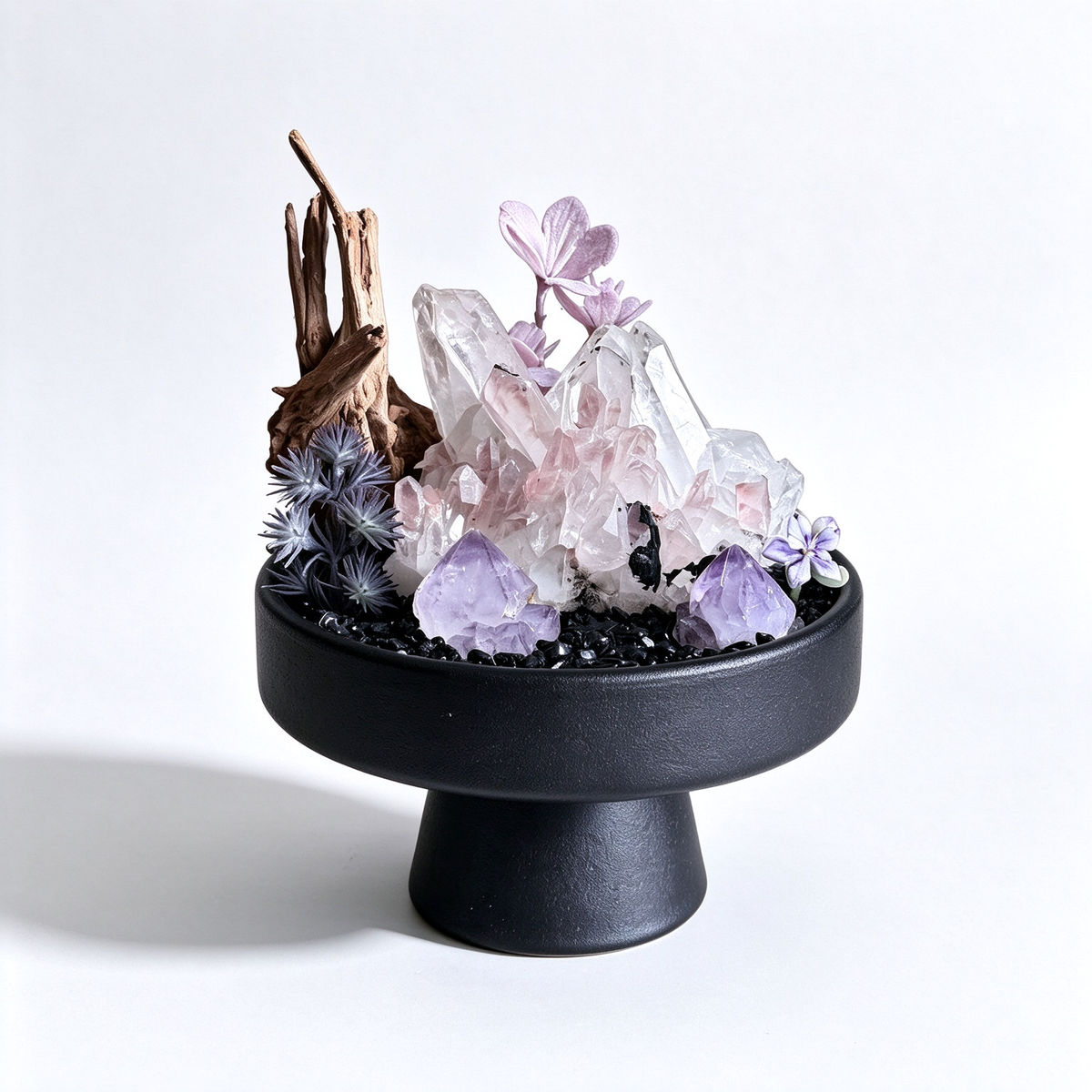 one-of-one crystal garden with smoky rose quartz, twin amethyst points, dried hydrangea, black tourmaline chips; front view on pure white background.