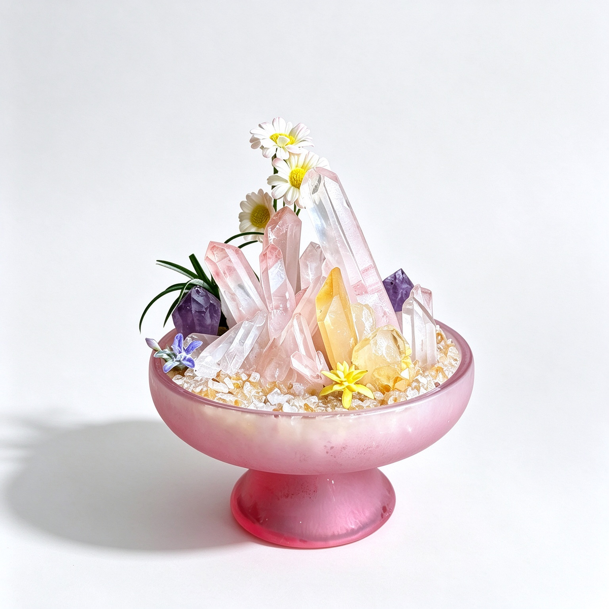 one-of-one crystal garden with tangerine quartz pillar, red quartz cluster, golden calcite plates, green fluorite, air plant; front view on pure white background.