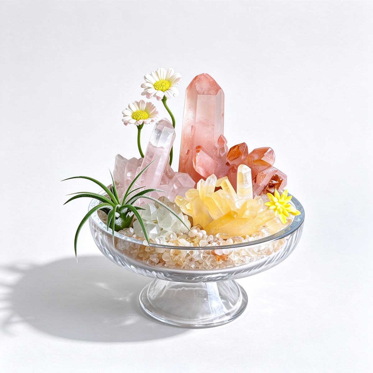 one-of-one crystal garden with white & rose quartz cluster, golden calcite, amethyst, air plant; front view on pure white background.