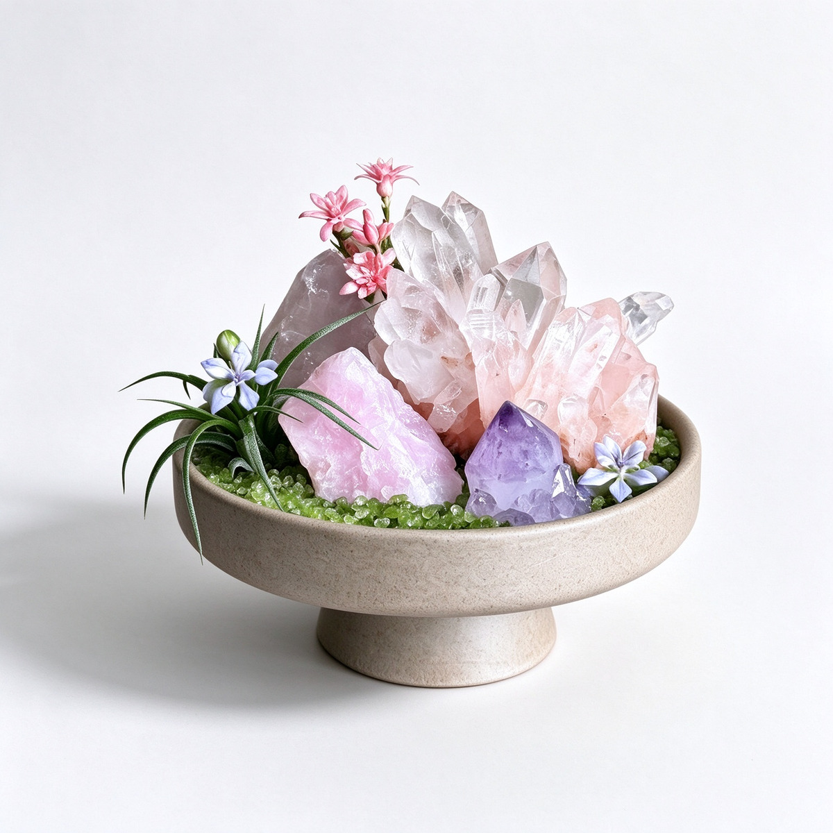 one-of-one crystal garden with white & rose quartz pillars, pink opal, amethyst, air plant; front view on pure white background.
