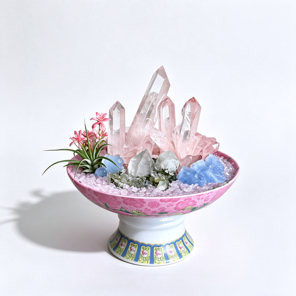 one-of-one crystal garden with rose quartz points, blue calcite, epidote, air plant; front view on pure white background.