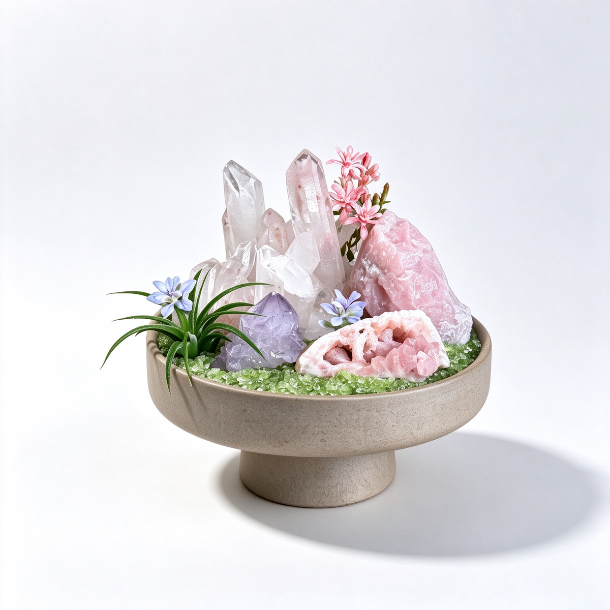 one-of-one crystal garden with pink morganite boulder, clear quartz, amethyst, air plant; front view on pure white background.