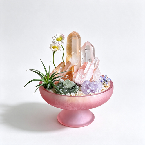one-of-one crystal garden with golden healer point, clear quartz, rose quartz, amethyst, air plant; front view on pure white background.
