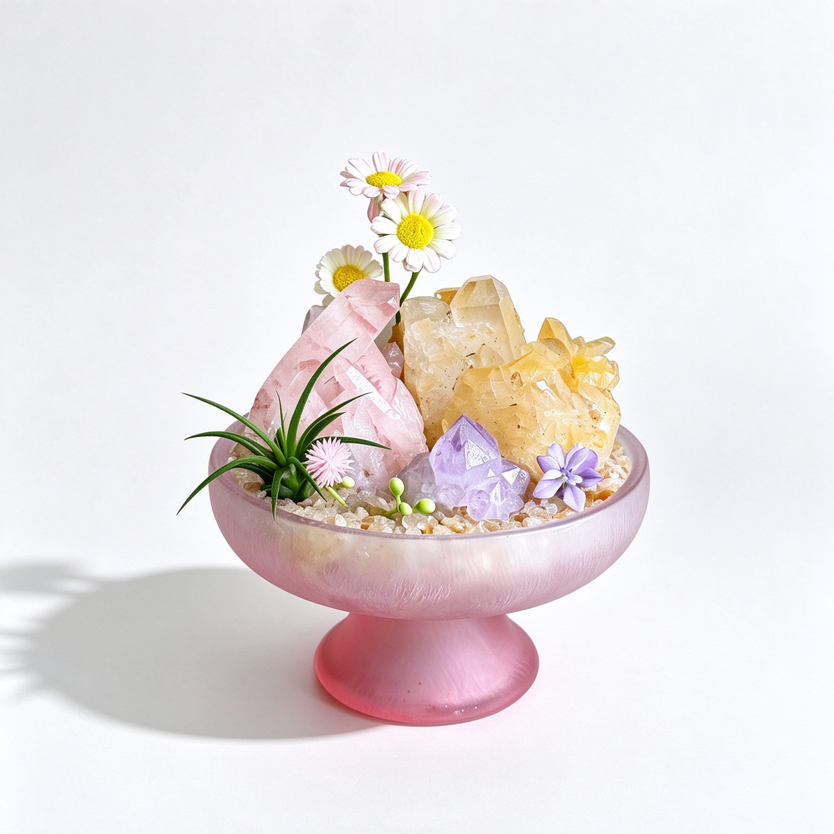 one-of-one crystal garden with golden healer block, rose quartz, amethyst, air plant; front view on pure white background.
