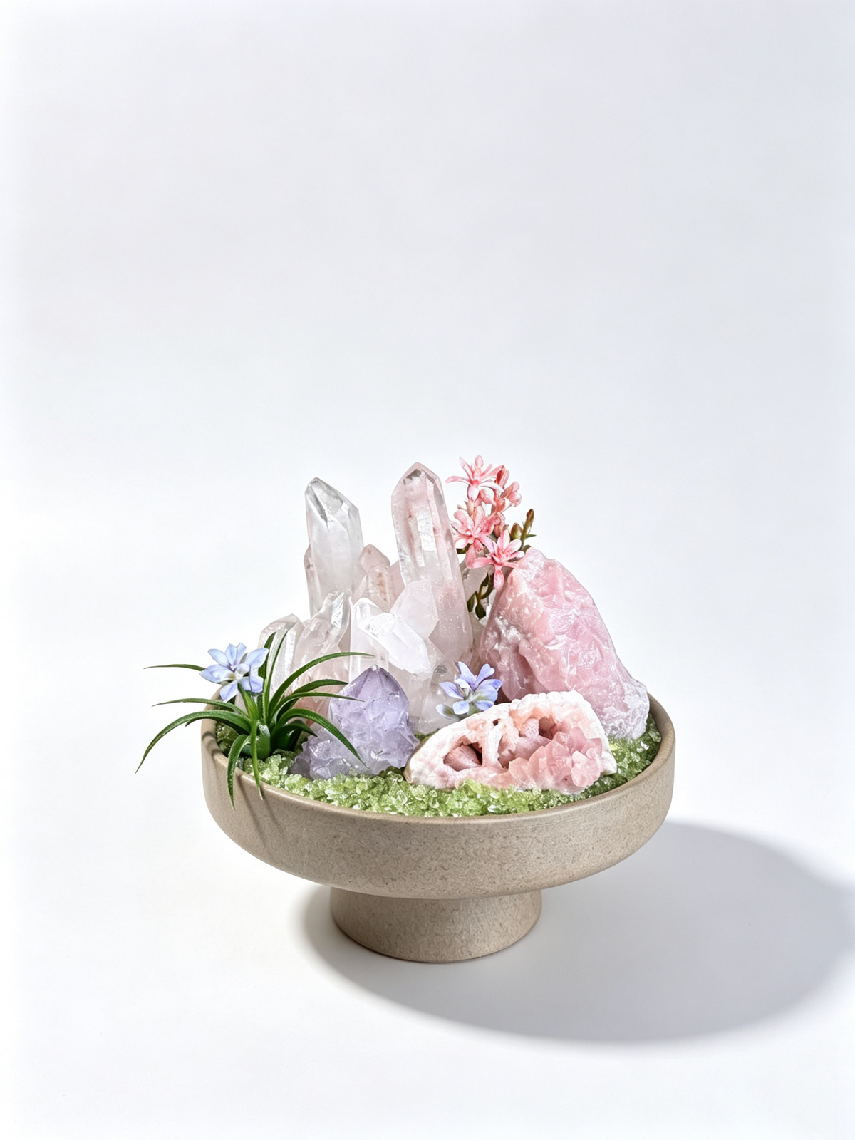 one-of-one crystal garden with pink morganite boulder, clear quartz, amethyst, air plant; front view on pure white background.