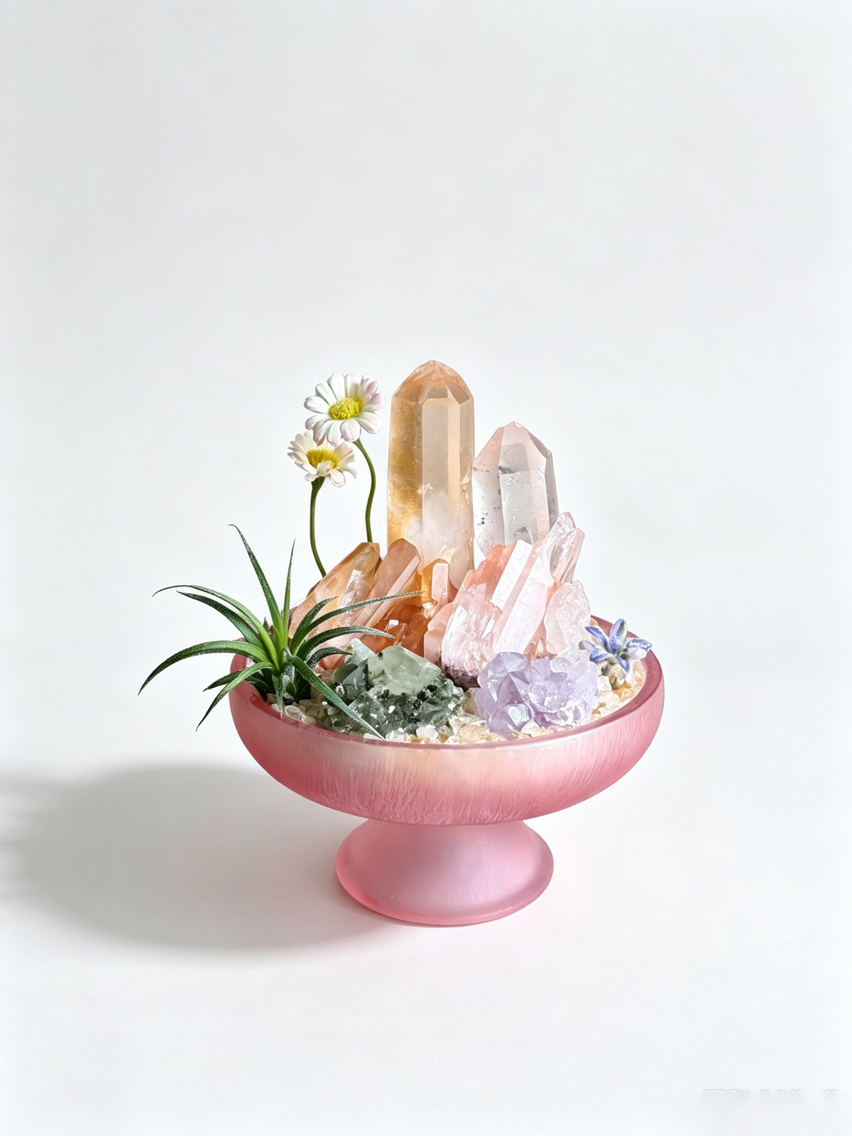 one-of-one crystal garden with golden healer point, clear quartz, rose quartz, amethyst, air plant; front view on pure white background.
