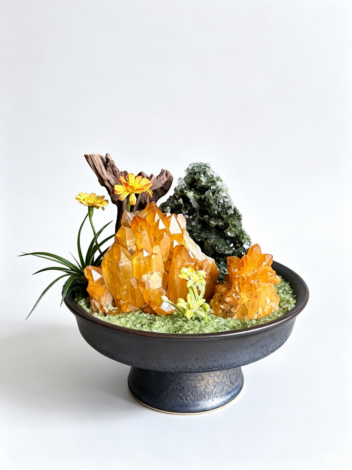 one-of-one crystal garden with golden citrine, green epidote, air plant; front view on pure white background.
