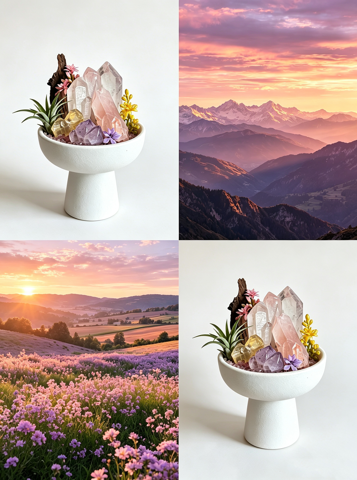 Lavender field sunset landscape and natural raw amethyst crystal inspiration mood board for Twilight Calm mineral sanctuary