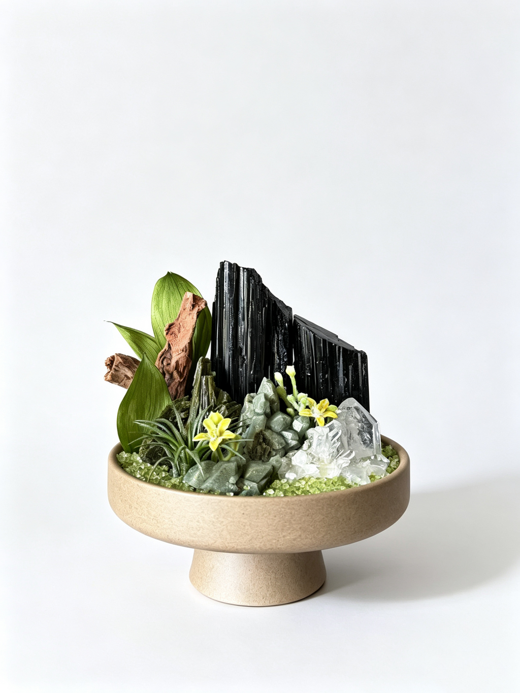 one-of-one crystal garden with black tourmaline, green phantom quartz, driftwood, air plant; front view on pure white background.