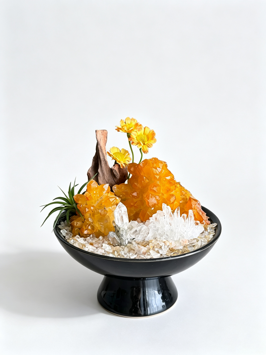 one-of-one crystal garden with golden citrine, white needle quartz, air plant; front view on pure white background.