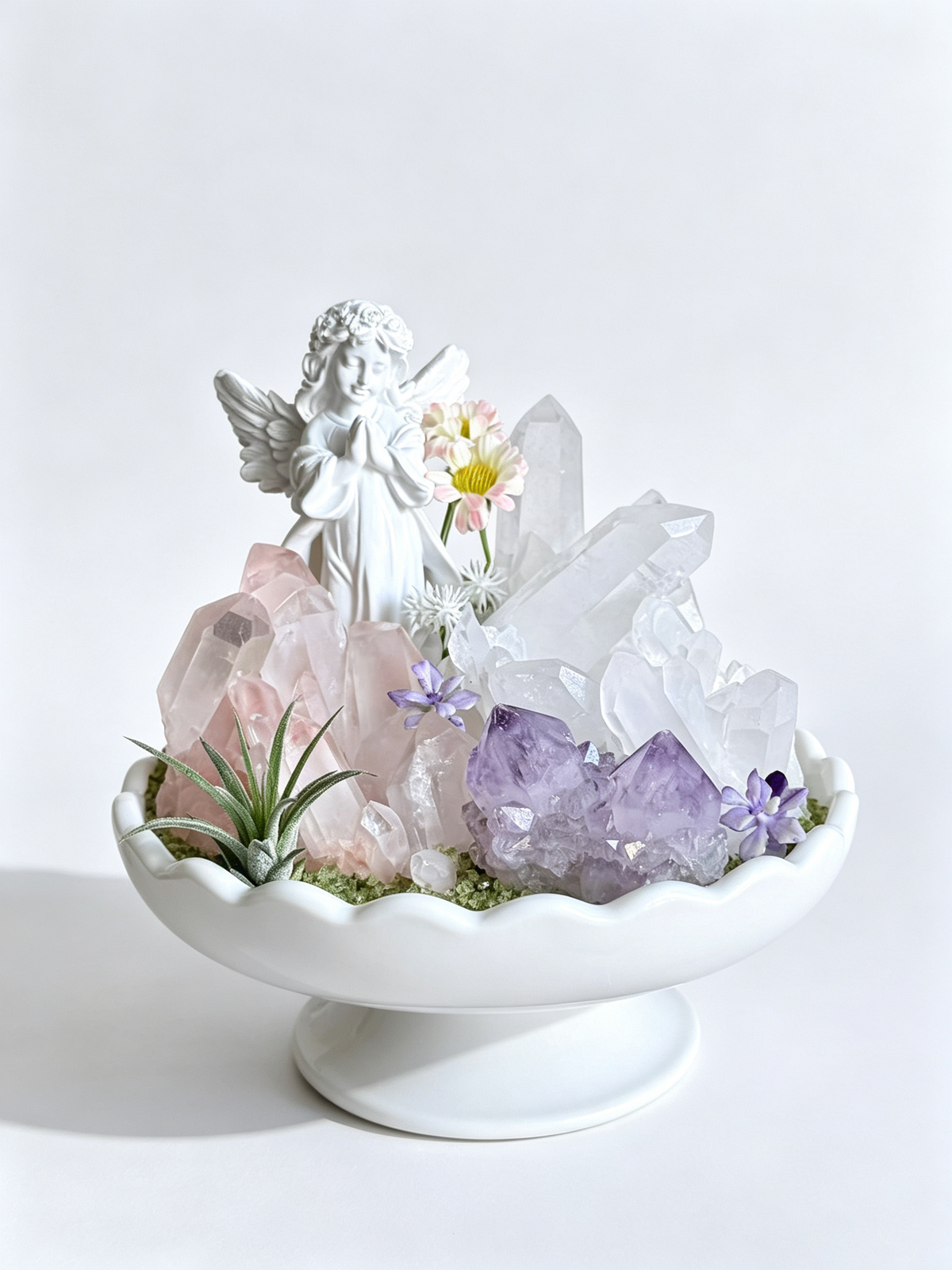 one-of-one crystal garden with porcelain angel, white quartz cluster, blue calcite, air plant; front view on pure white background.