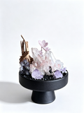 one-of-one crystal garden with smoky rose quartz, twin amethyst points, dried hydrangea, black tourmaline chips; front view on pure white background.