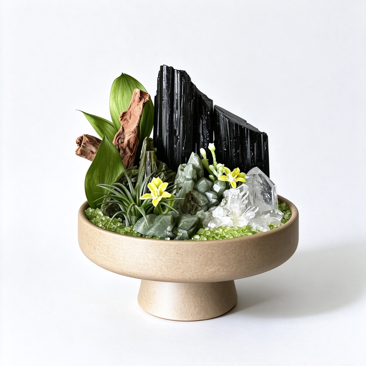 one-of-one crystal garden with black tourmaline, green phantom quartz, driftwood, air plant; front view on pure white background.